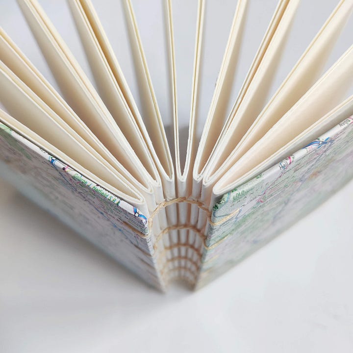 A newly bound art journal, with map covers and blank pages.