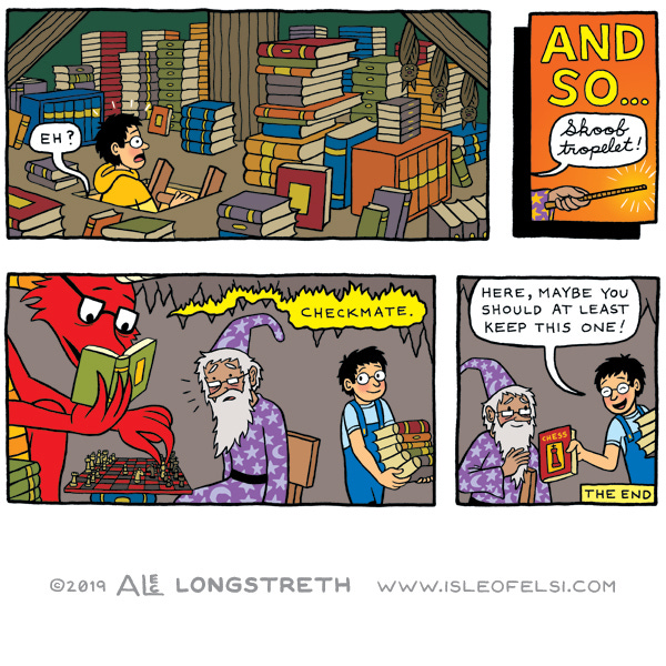 A boy with glasses and a yellow sweatshirt goes into an attic and sees stacks of books. "Eh?" "And so.." reads the text box. Later, a dragon is beating a wizard at chess. The boy gives the wizard a book about chess. "Here, maybe you should at least keep this one!