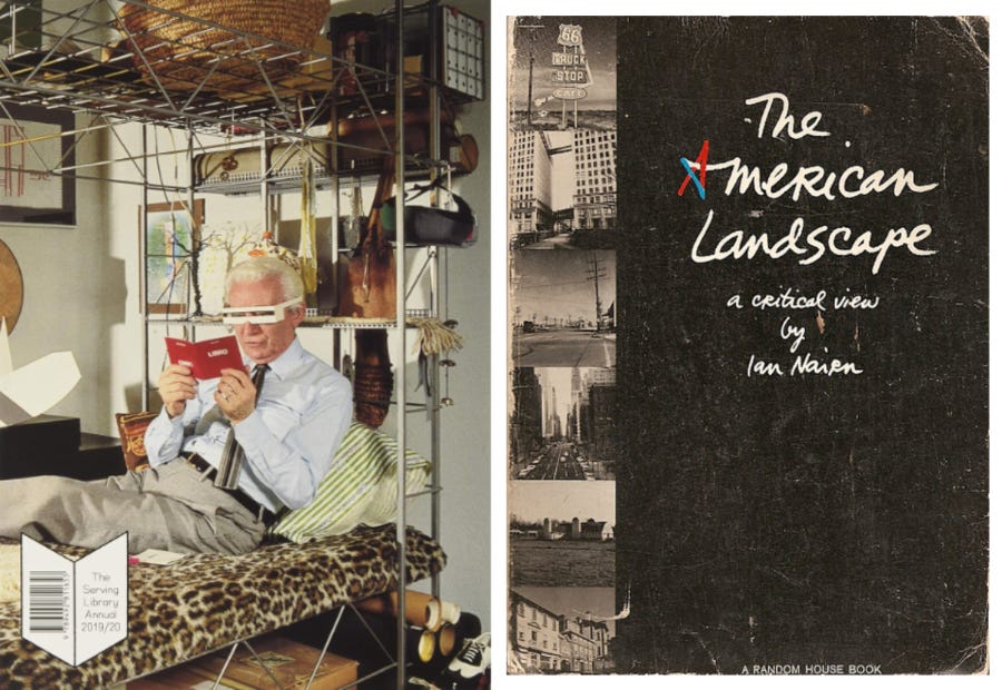 Covers of "The Serving Library Annual 2019/20," featuring Bruno Munari's "Obvious Code" and "The American Landscape: A Critical View" by Ian Nairn