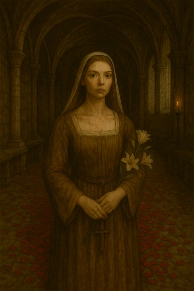 A dark fantasy image of the Vestibule of Petals in the Abbey of St. Markovia. The space is a circular chamber with high vaulted ceilings and cracked stone walls, lit by shafts of moonlight filtering through stained-glass windows depicting saints and roses. The floor is strewn with dried rose petals in shades of crimson, ivory, and faded gold, forming a symbolic path toward a central altar. The altar is carved from pale stone and adorned with faded carvings of lilies and sunbursts. Vines creep through the cracks in the walls, and the air is thick with incense and silence. The atmosphere is sacred, sorrowful, and hauntingly beautiful.