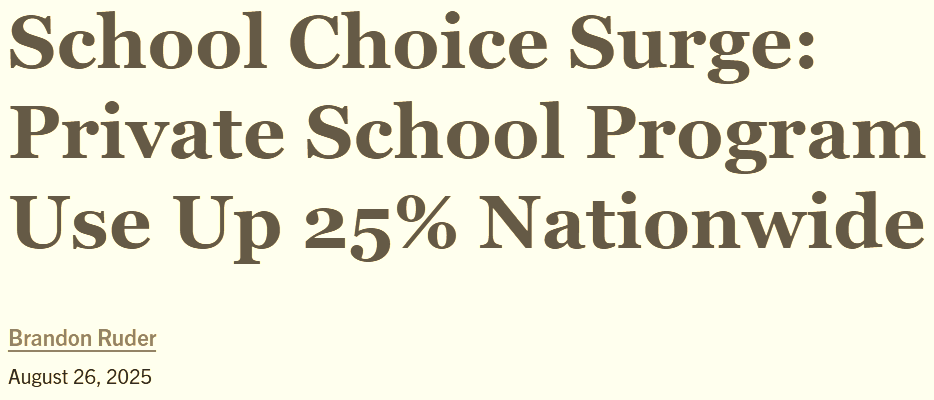 Headline highlighting surge in U.S. school choice participation. Private school program usage rose 25% nationwide in 2025, reflecting increased adoption of Education Savings Accounts and scholarship programs across states. Source: Brandon Ruder, August 26, 2025 Headline highlighting surge in U.S. school choice participation. Private school program usage rose 25% nationwide in 2025, reflecting increased adoption of Education Savings Accounts and scholarship programs across states. Source: Brandon Ruder, August 26, 2025