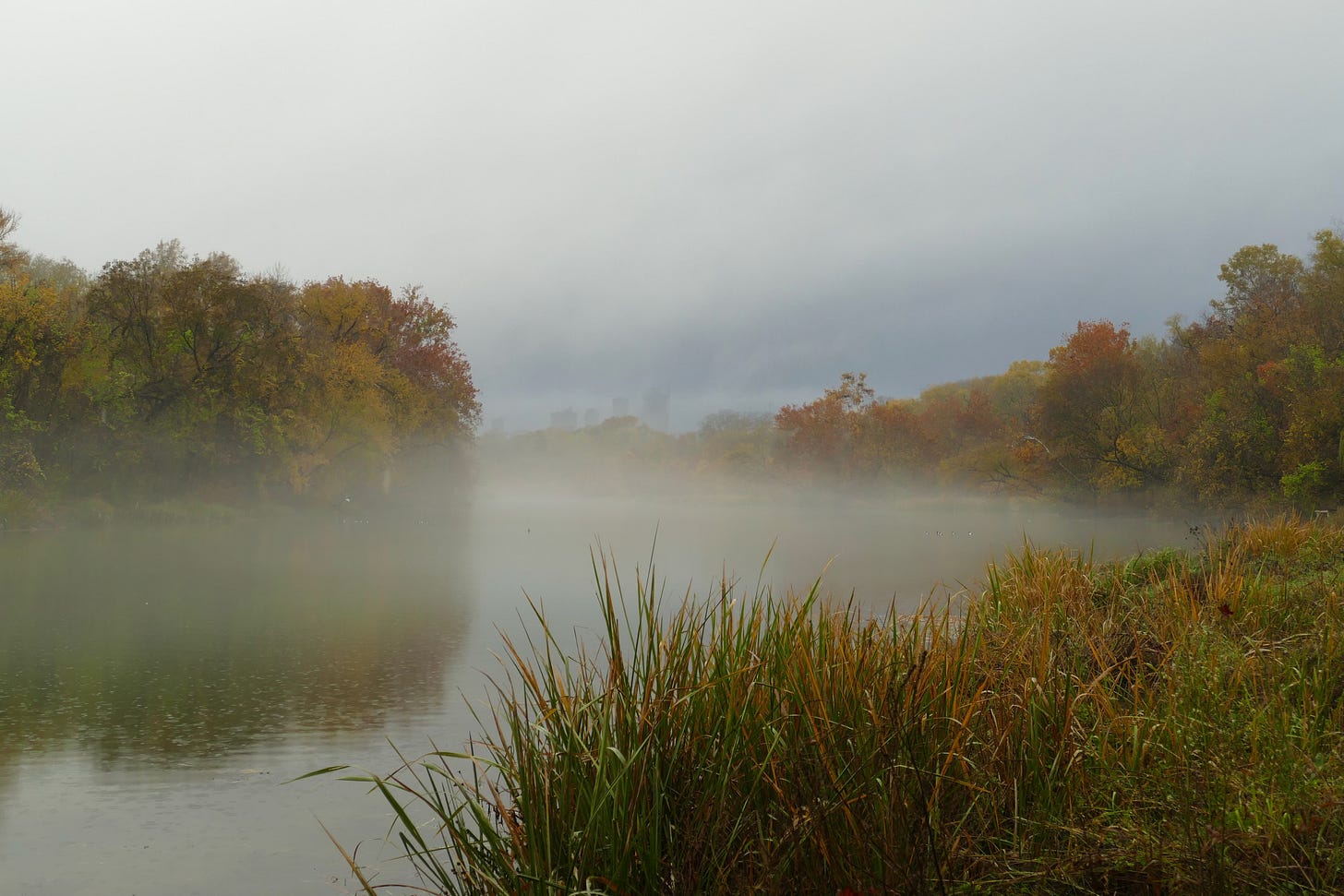 River in fog, downtown Austin high rises faintly visible through the haze