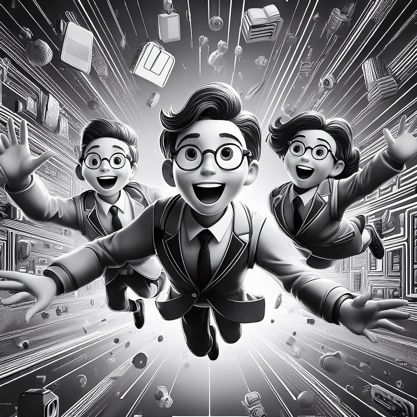 A cartoon image of three teachers flying through a technological landscape