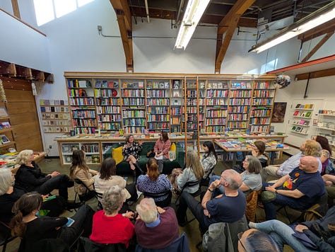 photos of the author at various interviews and talks