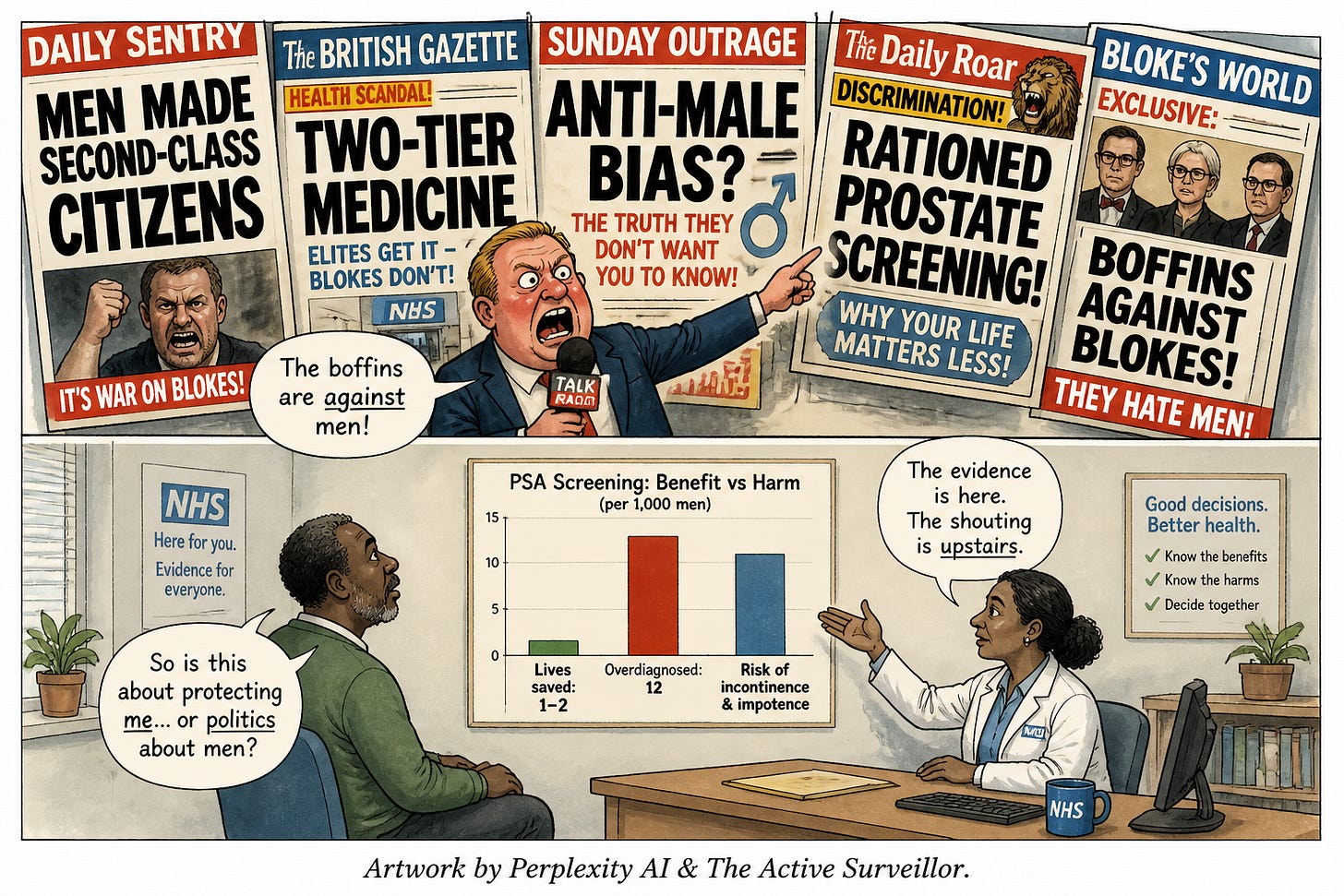 New Yorker-style cartoon about culture-war headlines over prostate cancer screening and evidence-based medicine. New Yorker-style cartoon about culture-war headlines over prostate cancer screening and evidence-based medicine.