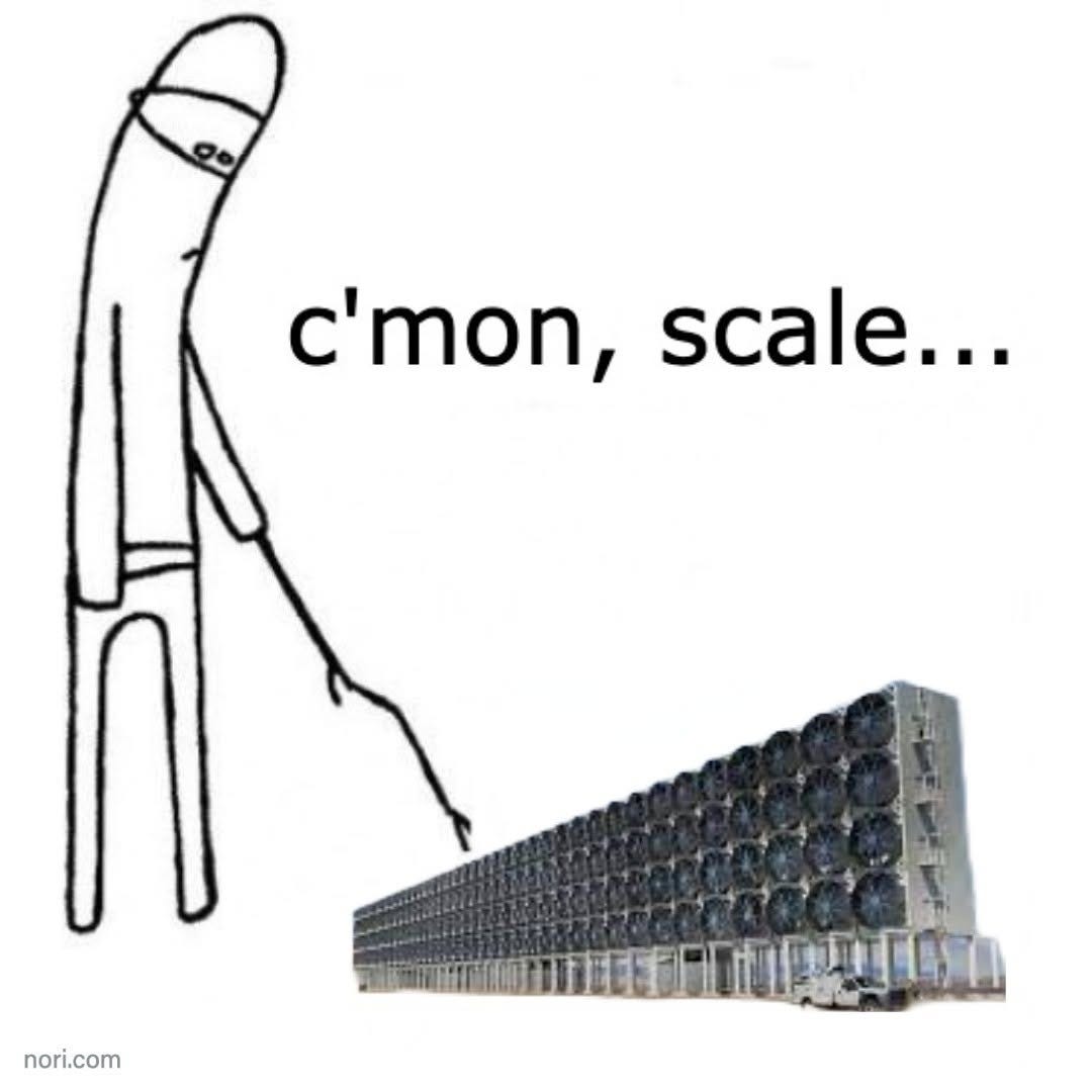 Stick figure prodding a long direct air capture unit with a stick, saying "c'mon, scale..."