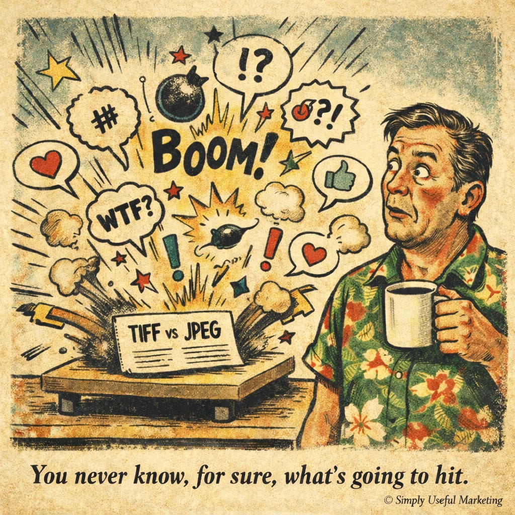 Vintage Guinness-style illustration of a plain paper document titled “TIFF vs JPEG” sitting innocently on a small table while a chaotic explosion of attention erupts around it — jagged motion bursts, swirling comment bubbles, and flying “!” marks like a cartoon demolition. A baffled person in a Hawaiian shirt stares at the mayhem mid-reaction. Caption reads: “You never know, for sure, what’s going to hit.” Bottom-right includes “© Simply Useful Marketing.” Vintage Guinness-style illustration of a plain paper document titled “TIFF vs JPEG” sitting innocently on a small table while a chaotic explosion of attention erupts around it — jagged motion bursts, swirling comment bubbles, and flying “!” marks like a cartoon demolition. A baffled person in a Hawaiian shirt stares at the mayhem mid-reaction. Caption reads: “You never know, for sure, what’s going to hit.” Bottom-right includes “© Simply Useful Marketing.”