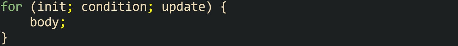 for (init; condition; update) { body; } for (init; condition; update) { body; }