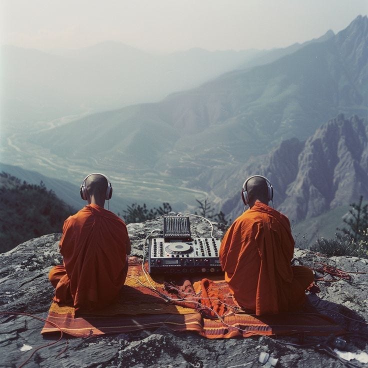 This may contain: two monks sitting on top of a mountain next to each other with headphones on This may contain: two monks sitting on top of a mountain next to each other with headphones on