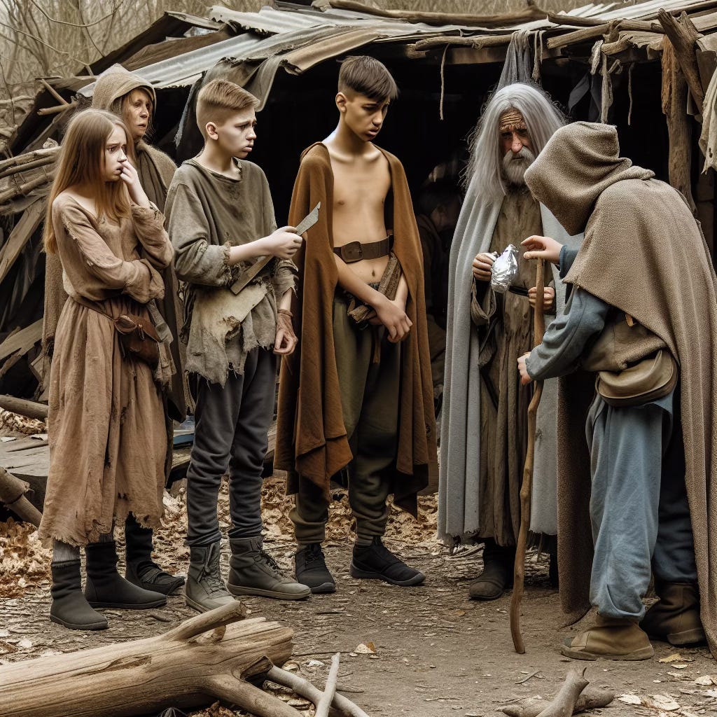 Image generated with DALL-E 3 and depicting a post-apocalyptic scene with children and seers Image generated with DALL-E 3 and depicting a post-apocalyptic scene with children and seers