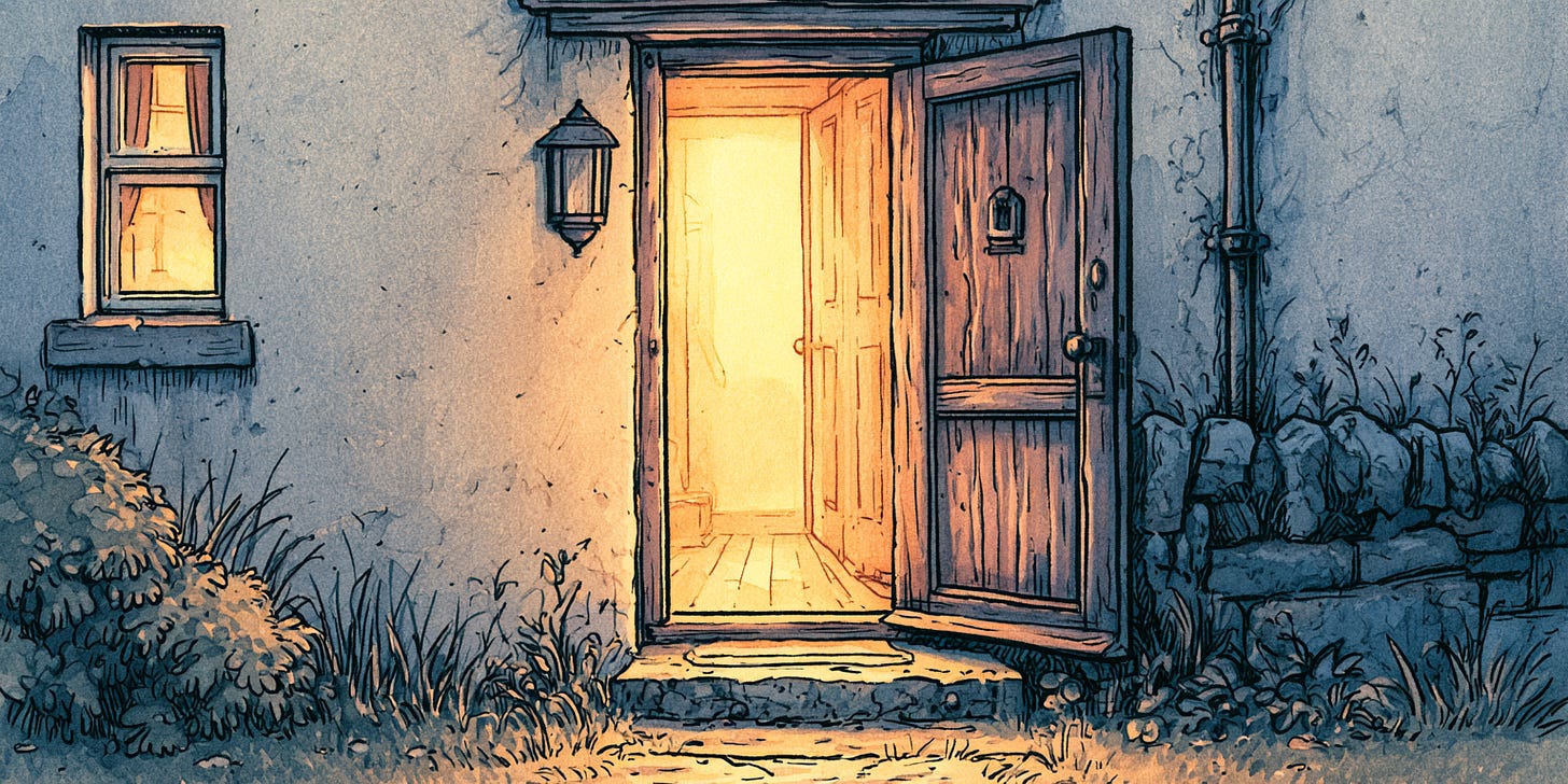 A cottage front door standing wide open at dusk, warm golden light spilling from the hallway onto the doorstep, with a stone wall and a lit window beside it. Watercolour and ink illustration style. A cottage front door standing wide open at dusk, warm golden light spilling from the hallway onto the doorstep, with a stone wall and a lit window beside it. Watercolour and ink illustration style.