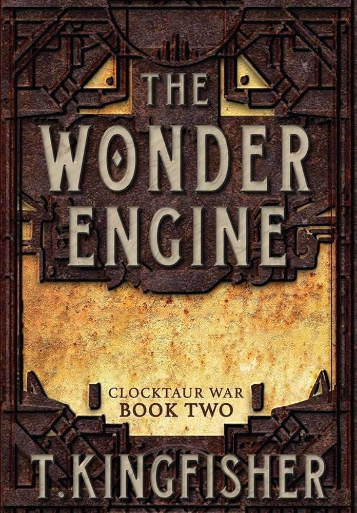 Two book covers in golds in browns, showing gears and buildings beneath the title