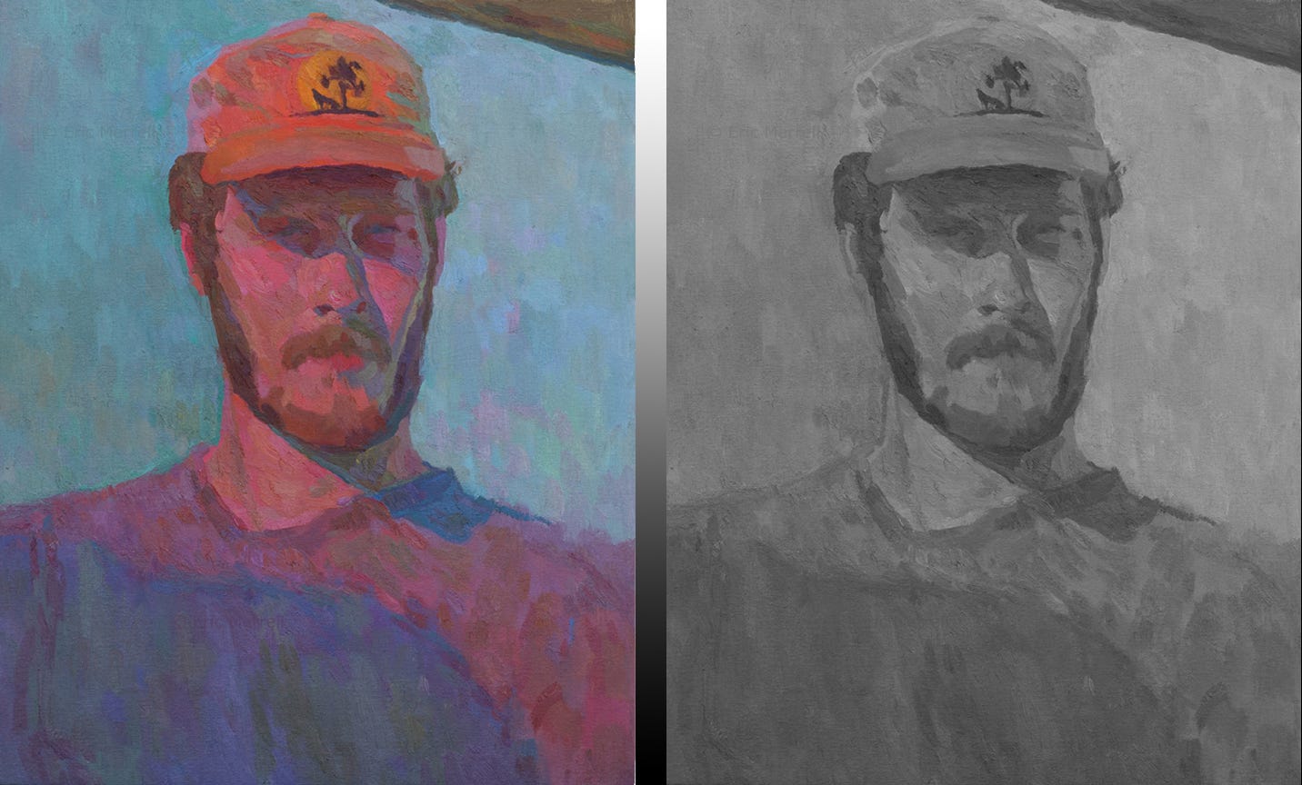 [Eric Merrell, Self-Portrait at Sunset] Color has infinitely more possibilities than value. (Another way of thinking about that: color reflects our full experiences; value is a reduction of that fullness.) Although here we see a great variety of col…