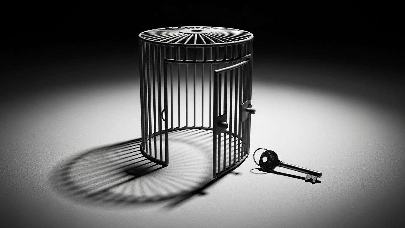 Black and white minimalist image of an open metal cage with a key lying beside it, symbolizing self built limits and the freedom to step out.