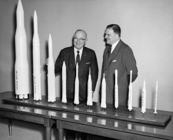 Former President Harry S. Truman, accompanied by former NASA Administrator James E. Webb, is presented with a collection of rocket models for his Presidential Library in Independence, Missouri. November 3, 1961. (Credit: unknown) Former President Harry S. Truman, accompanied by former NASA Administrator James E. Webb, is presented with a collection of rocket models for his Presidential Library in Independence, Missouri. November 3, 1961. (Credit: unknown)