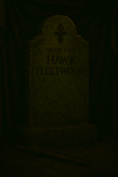 A dark fantasy scene featuring a weathered tombstone engraved with 'HERE LIES HAWK FLEETWOOD' in a shadowy graveyard. The tombstone stands alone against a backdrop of heavy, dark drapery. The glowing green gem and the cloaked figure (Greegan) kneeling before the tombstone have been removed. The ground is textured with moss and earth, and an empty scabbard lies in front of the tombstone, suggesting a fallen warrior. The lighting is moody, with subtle golden highlights casting dramatic shadows.