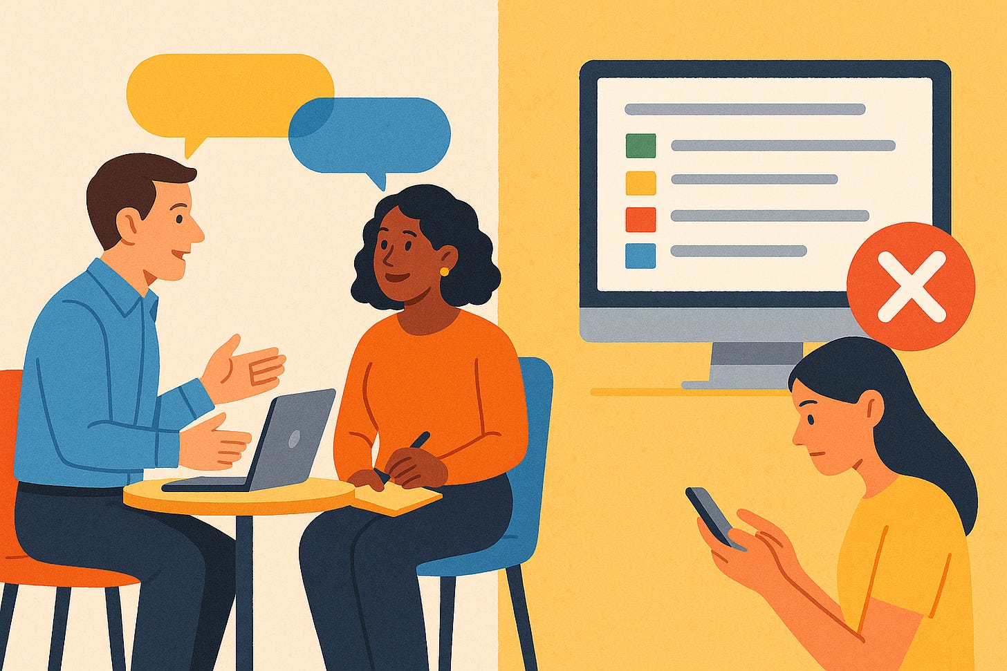 Two coworkers discuss ideas while another person scrolls on phone beside a crossed-out monitor.