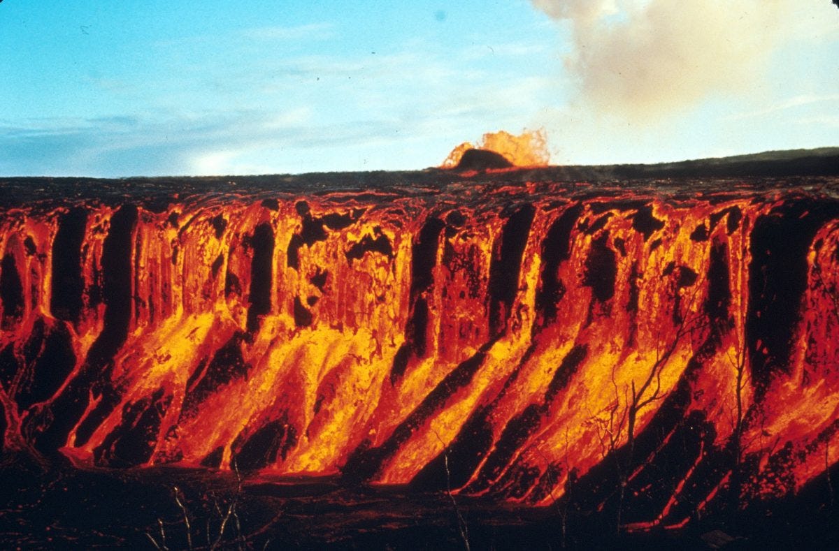 Hawaii Volcanoes National Park. 1969-1971 Mauna Ulu eruption of Kilauea Volcano. Cascade and fountain into Aloi Crater. Photo by D.A. Swanson, December 30, 1969.