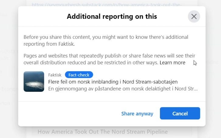Facebook Seymour Hersh Nord Stream censor