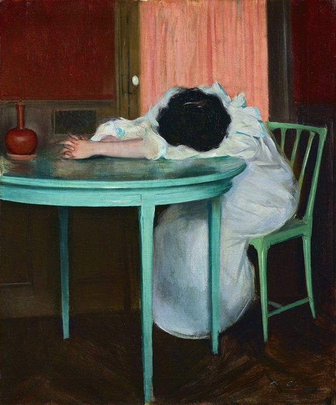 Oil painting of a woman in a white dress slumped face-down on a round turquoise table, one arm extended, head resting on the table. A red vase sits nearby. Warm, dark interior with a pink curtain in the background.