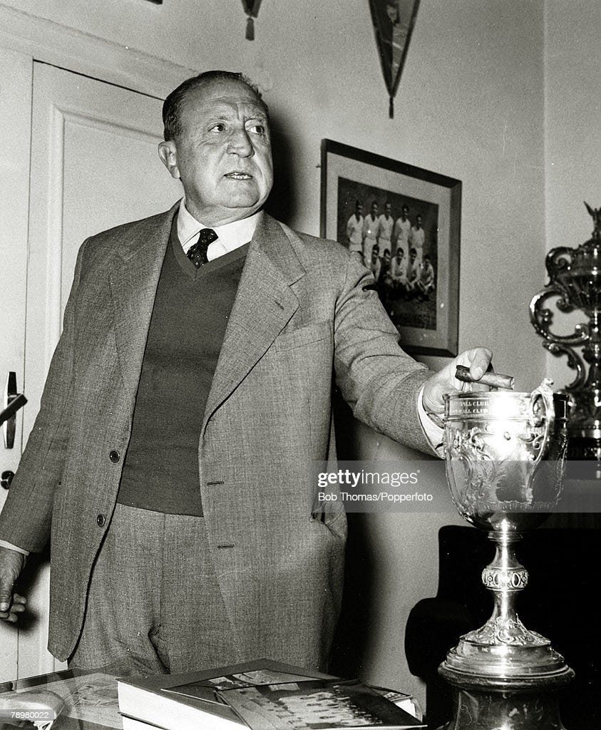 Sport. Football. pic: circa 1970. Real Madrid President Santiago Bernabeu. He was the Club President from 1943-1978. The famous Madrid Stadium was renamed in in his honour. In this photograph he appears to be using a trophy as an ashtray for his cigar.
