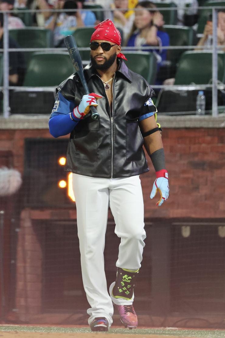 Mel Rojas Jr. of the KT Wiz steps into the batter's box in a leather jacket for Team Dream during the Korea Baseball Organization All-Star Game at Incheon SSG Landers Field in Incheon, July 6. Yonhap   