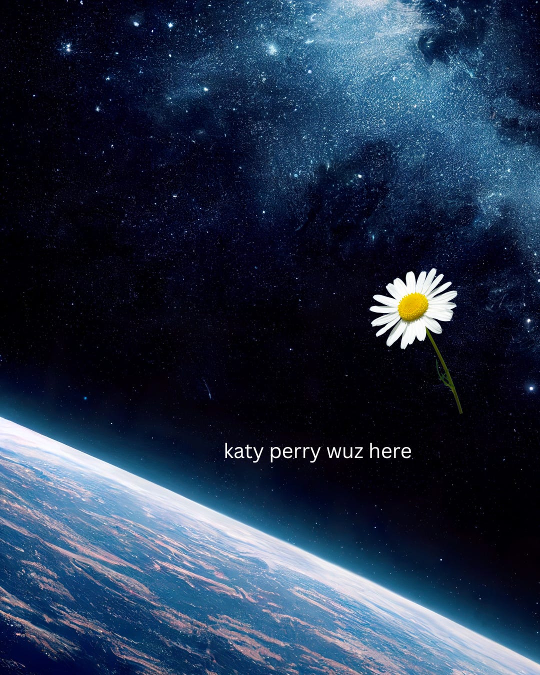 A stock photo of outer space. An image of a daisy has been added to the photo along with the text "katy perry wuz here"
