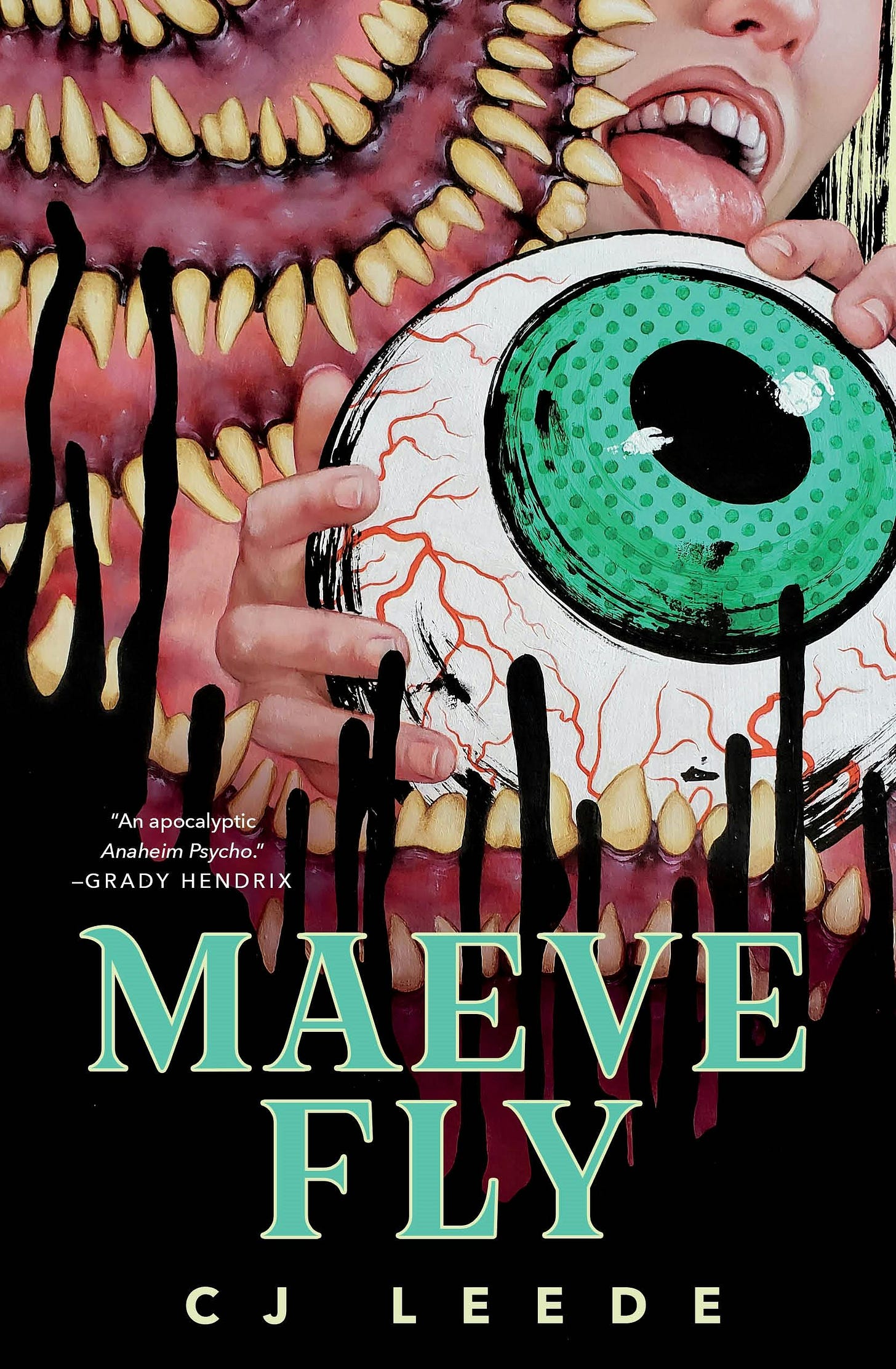 book cover with. woman licking an eyeball surrounded by teeth
