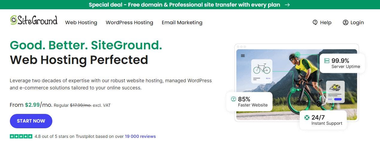 SiteGround dashboard showcasing performance tools for eCommerce websites.