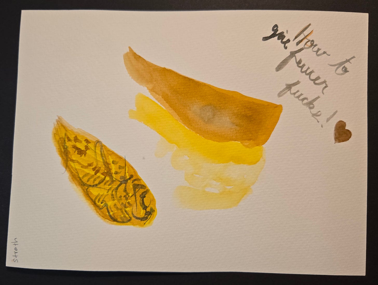 Watercolor practice sheet with yellow and brown swatches, decorative feather design, and handwritten note saying ‘How to give fewer...!