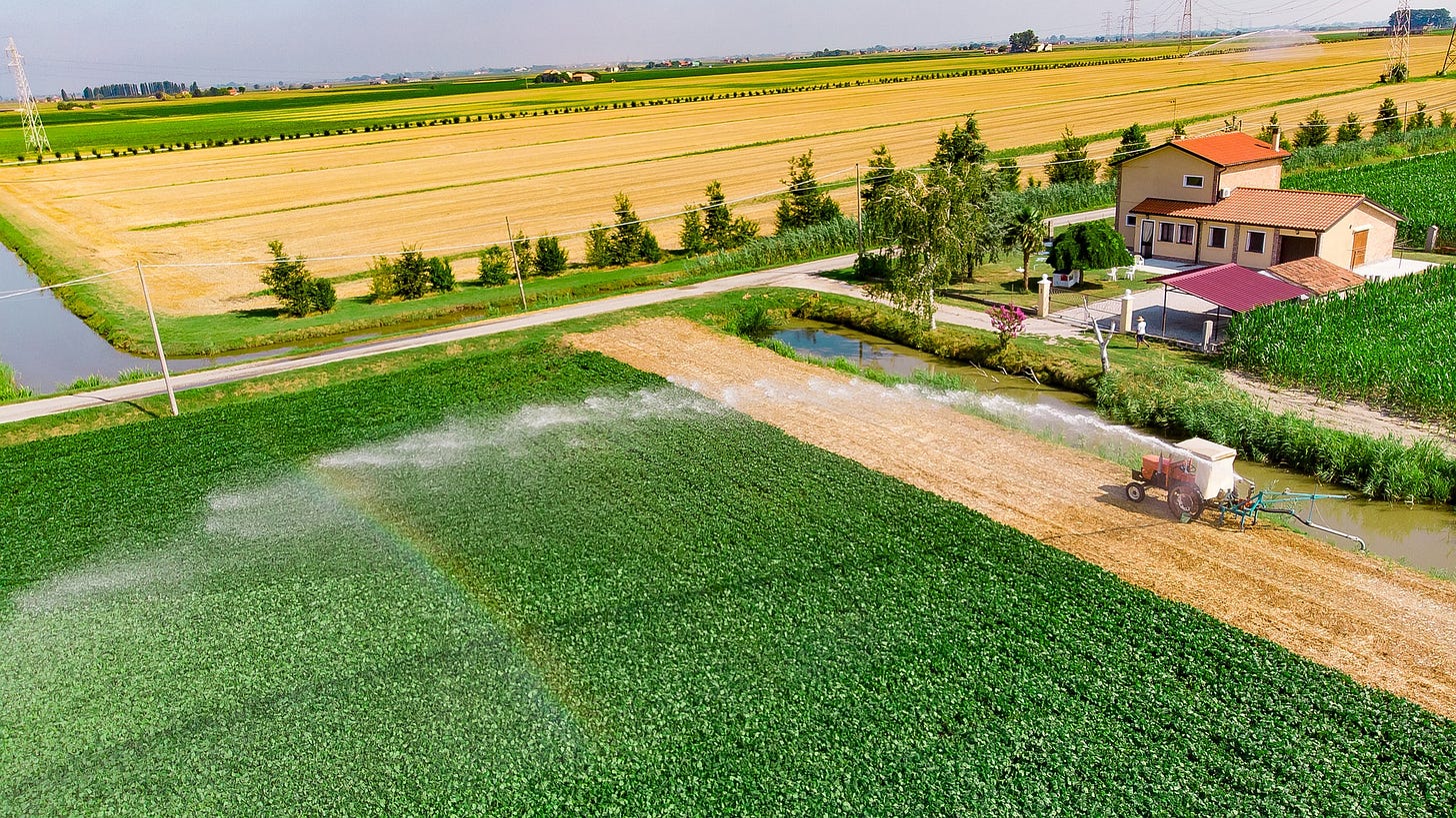 Picture of a farm and fields. There is a irrigation canal and an irrigator is taking water from the canal to spray water on a field of leafy greens.