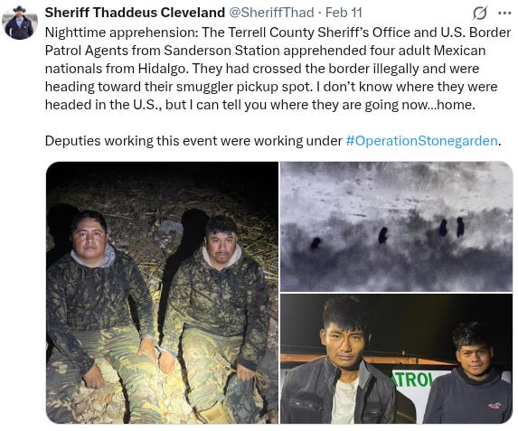 These illegal aliens were captured first by night vision, then by deputies and Border Patrol Agents as they tried to cross Terrell County from Mexico
