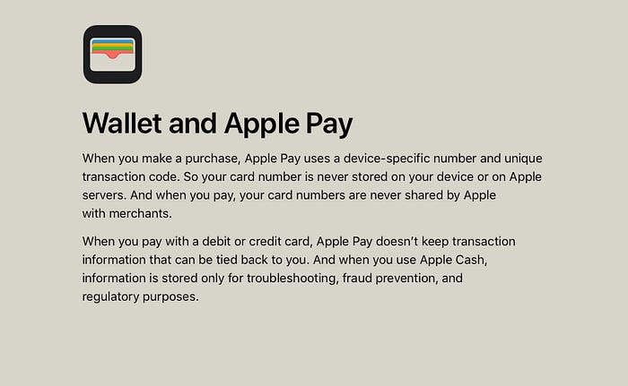 Apple Wallet and Apple Pay privacy explanation showing tokenization and secure transaction handling