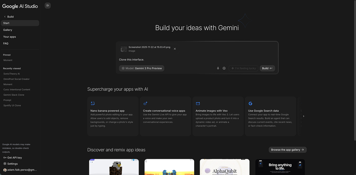A screenshot of the Google AI Studio ‘Build’ screen showing the uploaded screenshot file and the prompt ‘Clone this interface’ ready to be submitted.