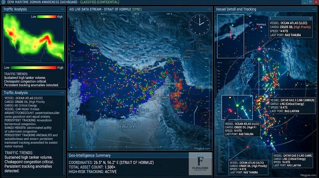 A dual-pane digital dashboard displaying a maritime heat map and individual tracking profiles of commercial oil tankers navigating the narrow waters of the Strait of Hormuz. A Flingjore.com watermark is visible in the corner.