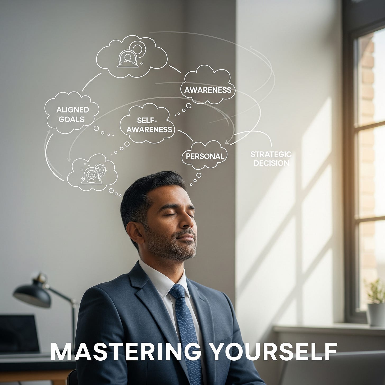 An image representing self-mastery through second-order thinking. A calm, focused man in a suit meditates in an clean office setting, with interconnected thought bubbles above his head showing concepts like 'Awareness,' 'Self-awareness,' 'Aligned Goals,' and 'Strategic Decision,' illustrating internal clarity and personal growth.