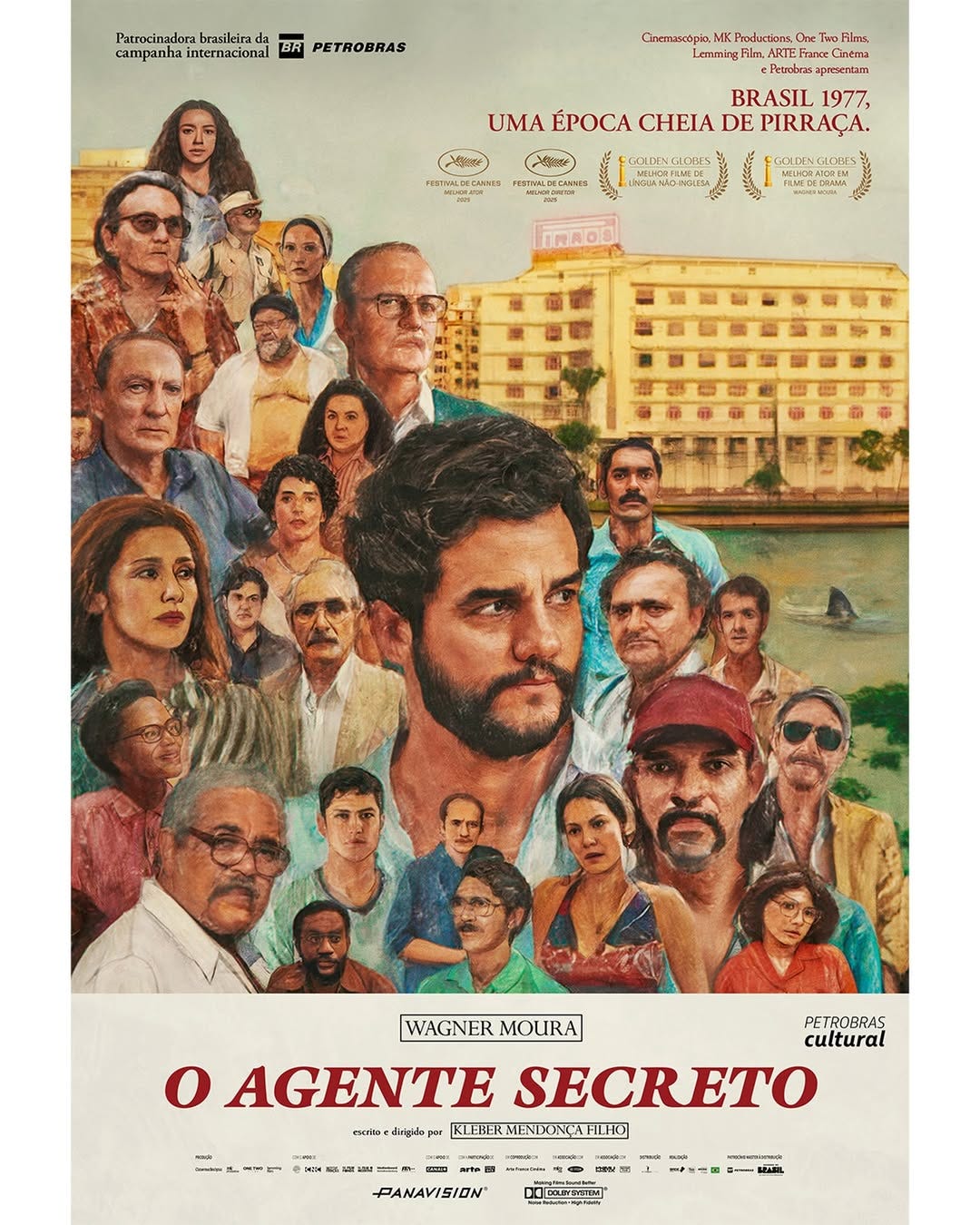 Num formato que imita a pintura Operários, da Tarsila do Amaral, os personagens ocupam da diagonal pra baixo, do lado esquerdo inferior. A parte restante exibe um cinema antigo de Recife e um dos rios da cidade, com uma barbatana de tubarão. Os personagens do filme, com o Wagner moura um pouco maior, são todos desenhados, bem como o resto da paisagem.