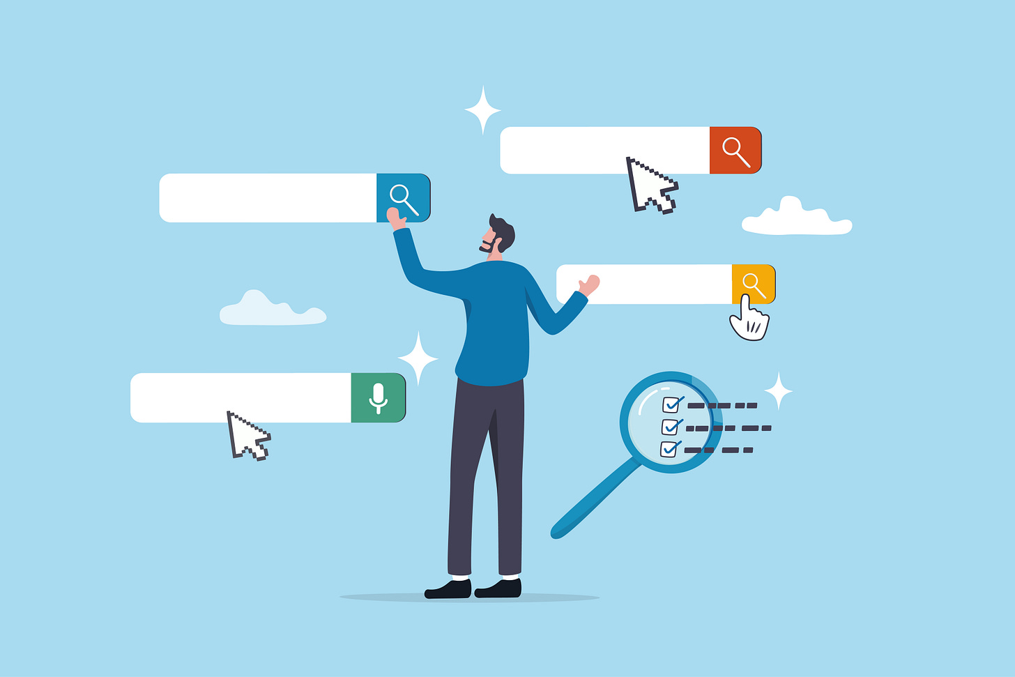 Illustration of a job seeker looking at search bars hovering in the air
