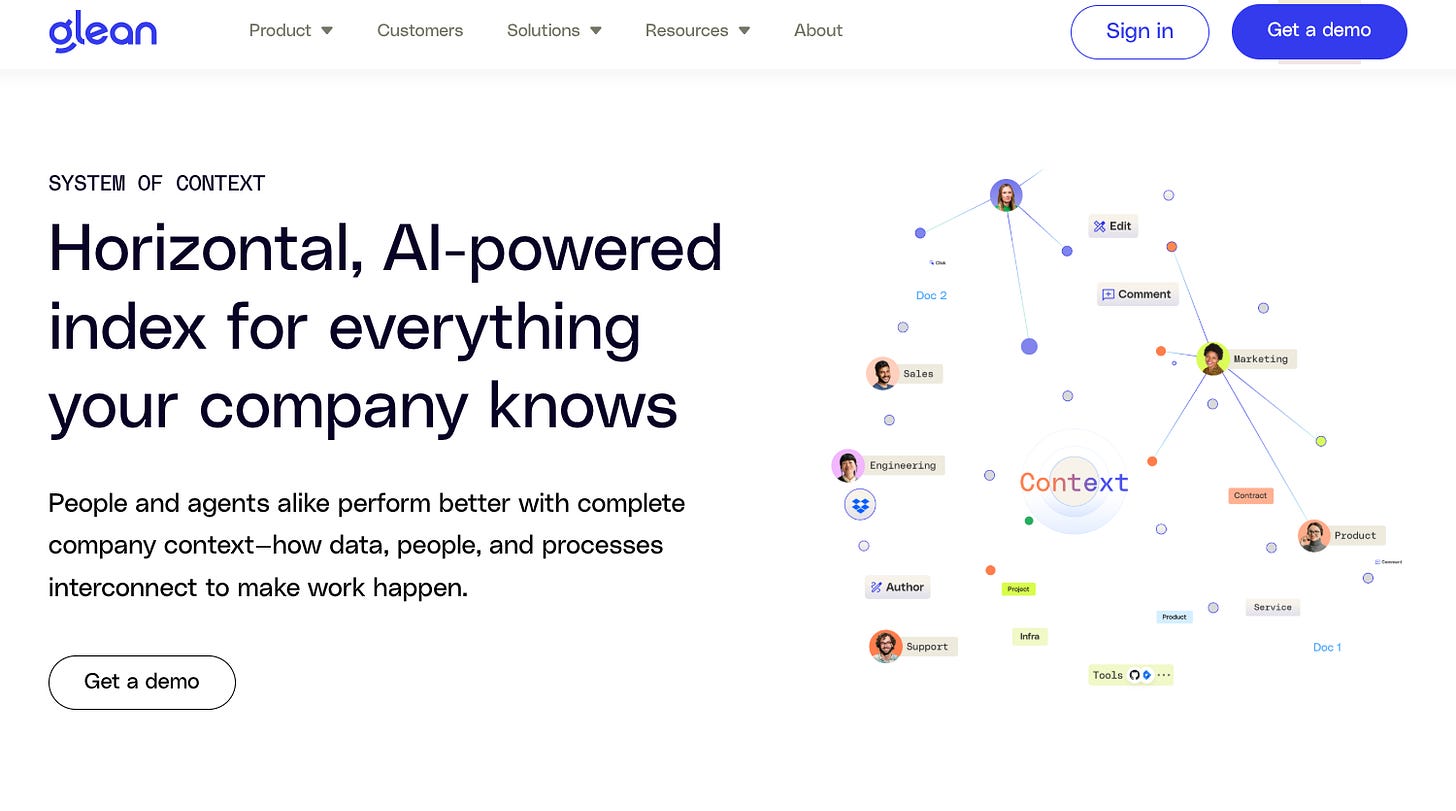 Glean helps its customers “turn data into context.” Glean helps its customers “turn data into context.”