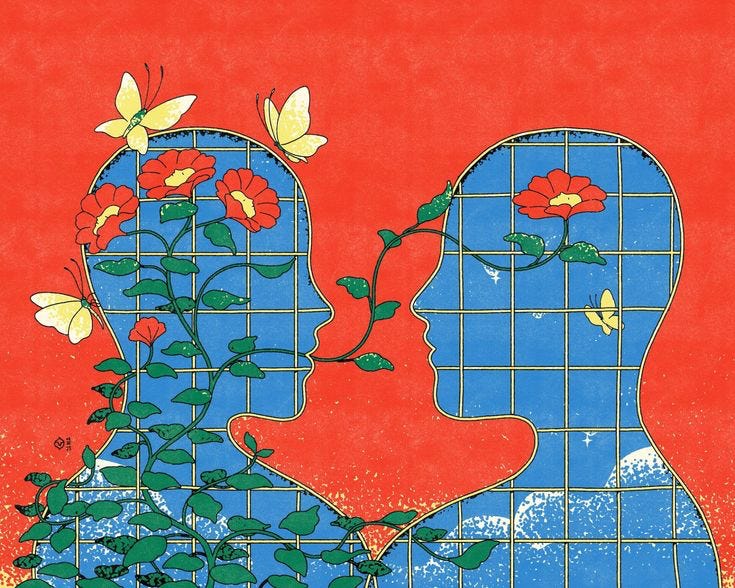 A red background with two head sillouhetts that face one another. Inside the heads are filled with blue, clouds, and a grid pattern. One head is covered with vines, flowers and butterlies. A few tendrils reach out to touch the other head. A red background with two head sillouhetts that face one another. Inside the heads are filled with blue, clouds, and a grid pattern. One head is covered with vines, flowers and butterlies. A few tendrils reach out to touch the other head.