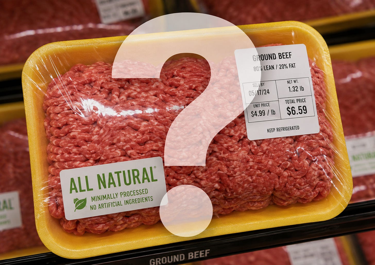 Package of ground beef labeled "All Natural, Minimally Processed," with a large question mark over it.