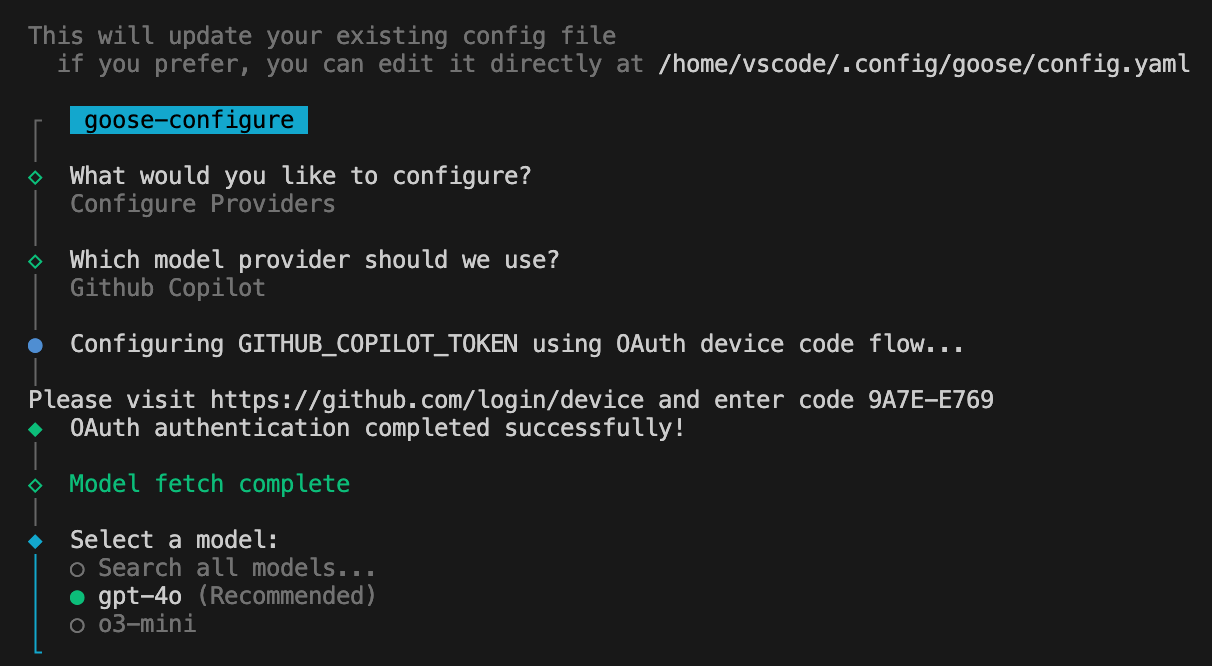 Terminal screenshot showing GitHub Copilot setup in Visual Studio Code. The user configures the “goose-configure” option, selects “GitHub” as the provider, and is prompted to authenticate via OAuth device code flow by visiting github.com/login/device and entering a partially visible code. Authentication succeeds, followed by a “Model fetch complete” message. The user is then prompted to choose between GPT-3.5 and GPT-4 (recommended).