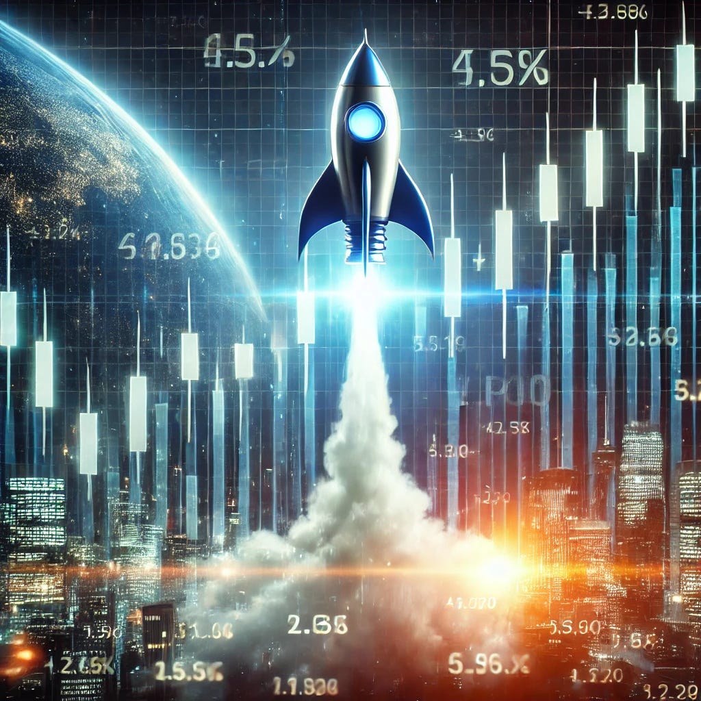 A rocket launching over a stock market graph, symbolizing a company's IPO. The image should have a futuristic and financial theme, with glowing stock numbers in the background.