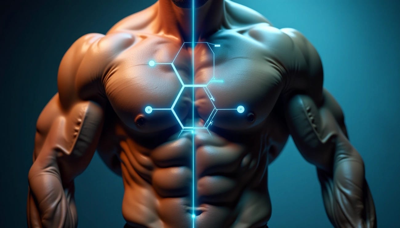 Muscular male torso with a glowing molecular structure overlay illustrating Metformin®'s impact on muscle growth.