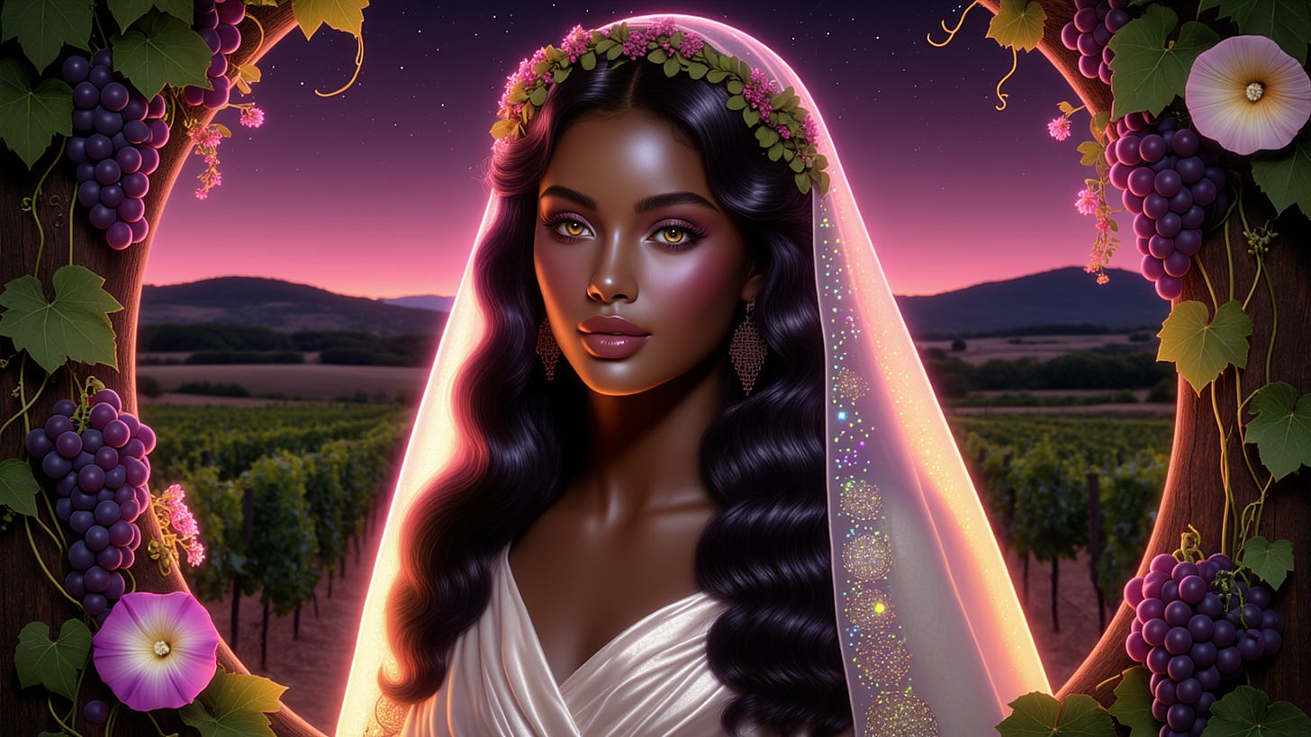 Digital illustration of a serene, ethereal dusky-skinned Semitic Ancient Israelite woman with long wavy dark hair, amber eyes, and subtle makeup, gazing forward. She wears a sparkling white veil draped over her shoulders, a crown of green vines and small pink flowers, and intricate dangling earrings. Framed by an archway of twisting vines laden with clusters of purple grapes and blooming purple morning glories, set in a lush vineyard at dawn with rows of grapevines leading to distant hills under a glowing pink-purple sky.