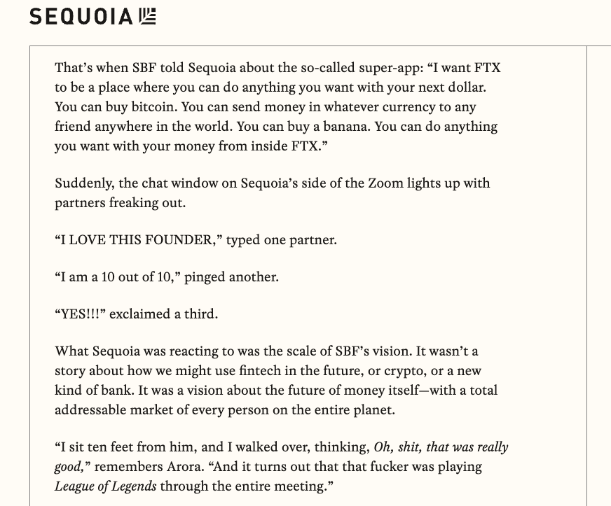 delian on Twitter: "Its impossible to write comedies with this good of a  script SBF pitches the sequoia partnership Vision? "Buy a banana with fake  internet money" Blows the partnership away. Wow.