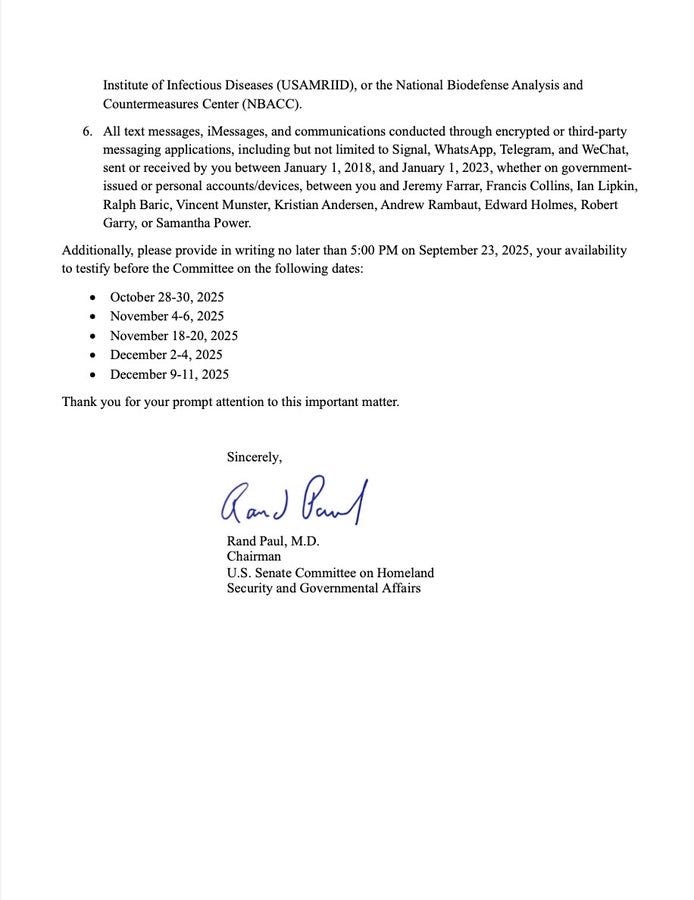 A letter on U.S. Senate Committee on Homeland Security and Governmental Affairs letterhead, dated September 5, 2023, addressed to Anthony Fauci, M.D. The letter is signed by Rand Paul, M.D., U.S. Senate Committee on Homeland Security and Governmental Affairs. Text includes references to emails and testimony involving Anthony Fauci.