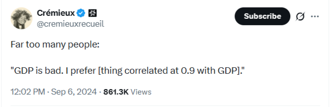 A Twitter post by Crémieux critiquing circular logic in economic arguments, where people dismiss GDP as a metric while advocating for alternatives that are highly correlated with it. A Twitter post by Crémieux critiquing circular logic in economic arguments, where people dismiss GDP as a metric while advocating for alternatives that are highly correlated with it.