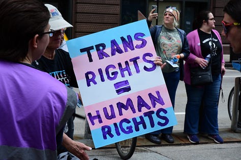 Pictures of the crowd with various trans signs saying: Trans Joy is Resistance, Unite + Fight for Trans Liberation!, Trans Rights = Human Rights, Support Trans Rights or Go F Yourself, My Trans Students Want To Live, Be you, be free, be equal, Protect Trans Rights and Lives, Trans two-spirit people are here, have been here, and will always be here, and a trans flag waving above the crowd.