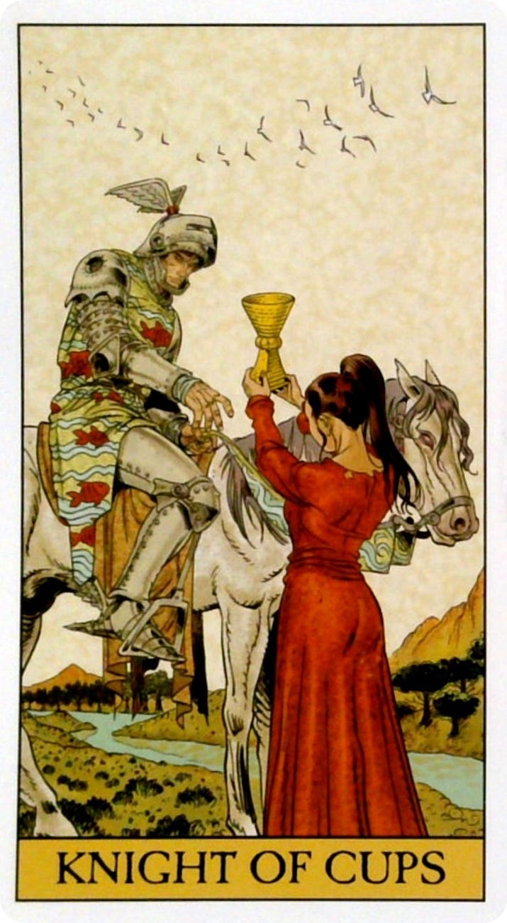 The Knight of Cups tarot card and the Impeccability oracle card.